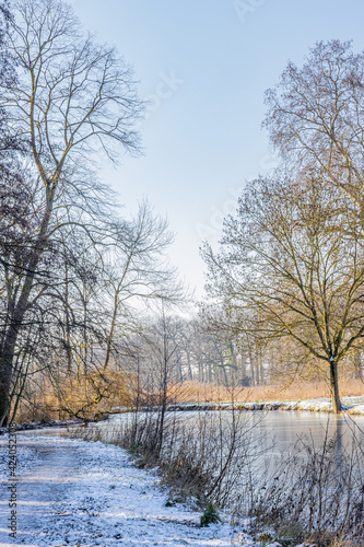 Dutch nature reserve with a footpath with snow, a stream with its frozen waters and bare trees and light mist, sunny winter day in Kasteelpark Elsloo, South Limburg, Netherlands Holland