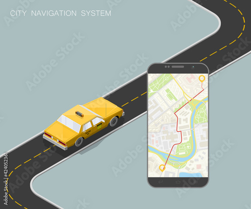 Yellow isometric taxi cab banner. Online mobile application order taxi service illustration. Flat car isometric quality banner. 3D taxi vehicle smartphone. Get a taxi online phone isometry application