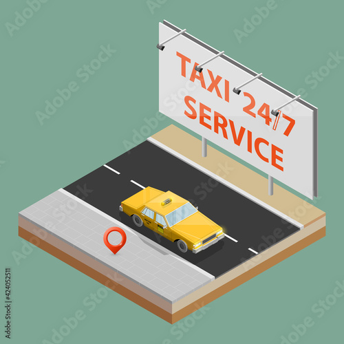 Yellow cab taxi 24/7 service isometric billboard banner. Online navigation application order classic taxi service. Isometry 3D flat car on road. Vehicle itinerary route banner. Get a taxi cab online