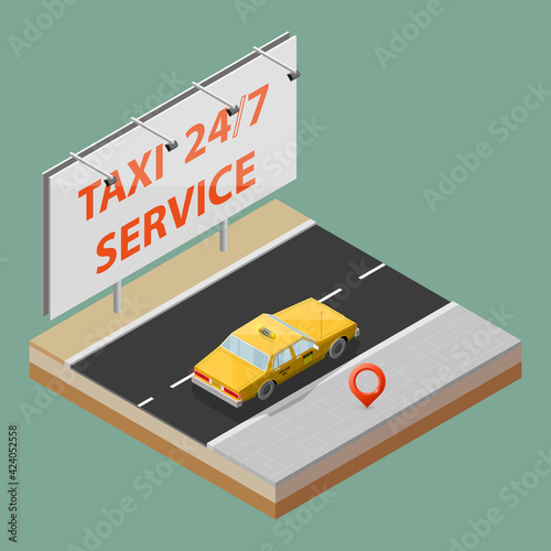 Yellow cab taxi 24/7 service isometric billboard banner. Online navigation application order classic taxi service. Isometry 3D flat car on road. Vehicle itinerary route banner. Get a taxi cab online