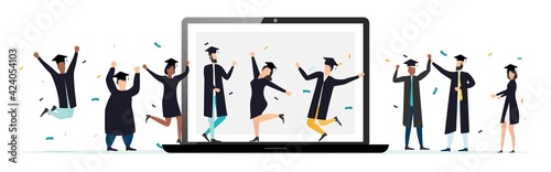 Virtual prom. Graduation quarantine. Graduates in square academic carriages communicate by video link. Laptop or gadget screen. Communication of graduate students. Vector illustration