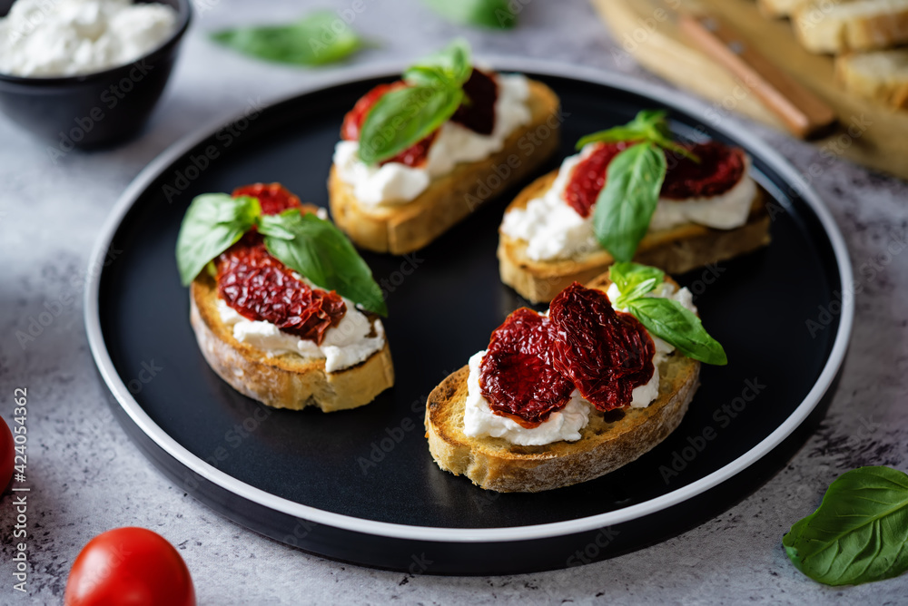 Ricotta dried tomato Basil bruschetta Ricotta dried tomato Basil bruschetta