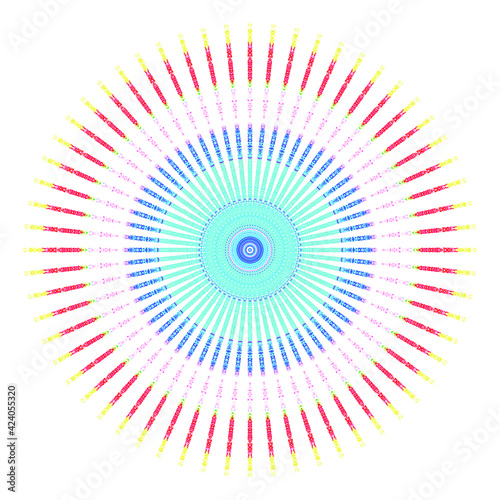 Creative multicolored points round symbol. Abstract symmetrical logo. Mosaic colorful beautiful beads. Circle dots modern pixel floral art icon. Colored pattern ornament wheel decorative illustration.
