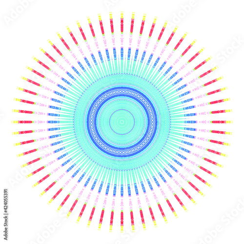 Creative multicolored points round symbol. Abstract symmetrical logo. Mosaic colorful beautiful beads. Circle dots modern pixel floral art icon. Colored pattern ornament wheel decorative illustration.