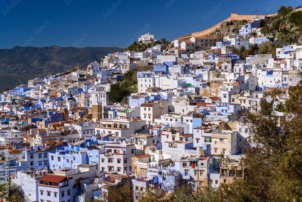 Chefchaouen, partial view of the blue city of Morocco on December 25, 2016.