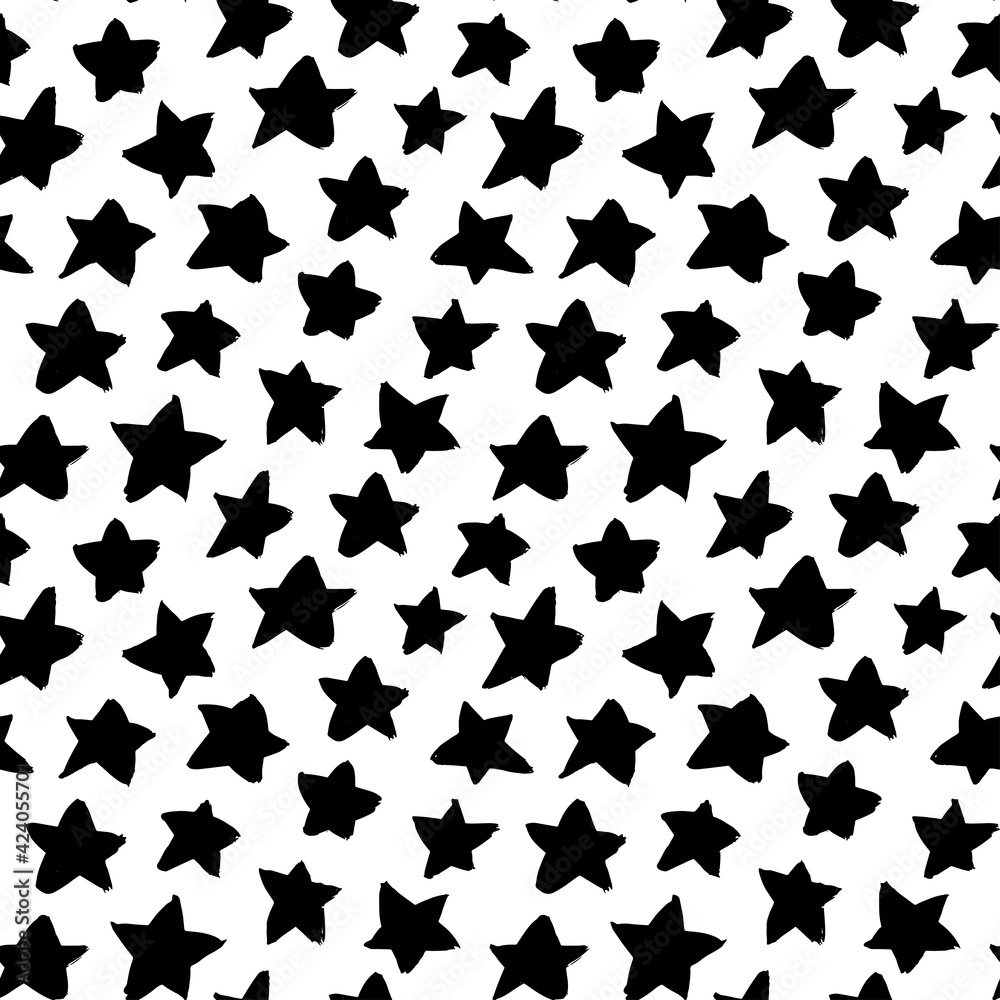 Hand drawn vector seamless star pattern. Black ink illustration. Starry black painted ornament. Monochrome abstract and polka dot vector texture. Pattern for wrapping paper, prints, web design