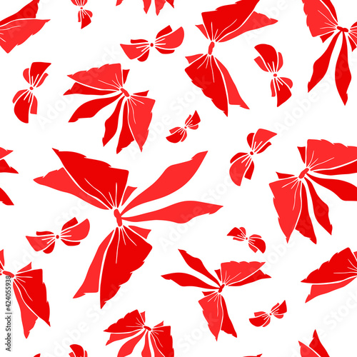 Red silhouette bowknots seamless pattern. Pretty flat bows abstract endless texture for fabric  textile  cosmetics  package  stationery  wrapping paper  background. Cheerful festive doodle design.