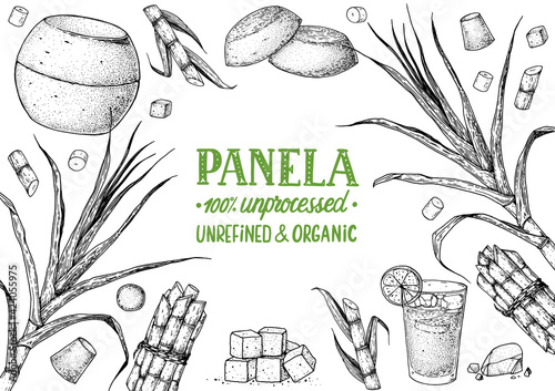 Panela sugar sketch. Hand drawn vector illustration. Vintage design template. Cane sugar. Gur or jggery powder. Organic unrefined. Vintage Design for packaging.