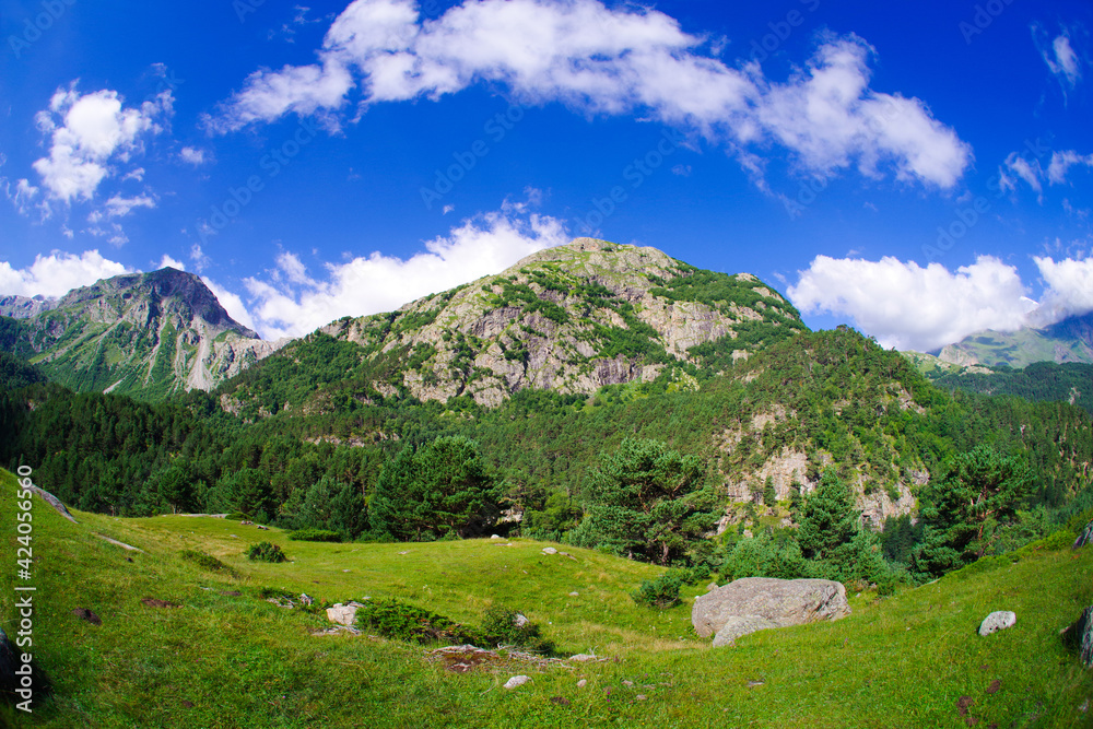 Mountain valley in the Cherek-Balkarsky river gorge in the vicinity of Ushtulu
