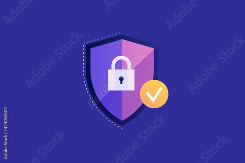 Shield icon with a lock on a blue background. A positive result of entering personal data. The concept of protecting private information. Vector flat illustration.