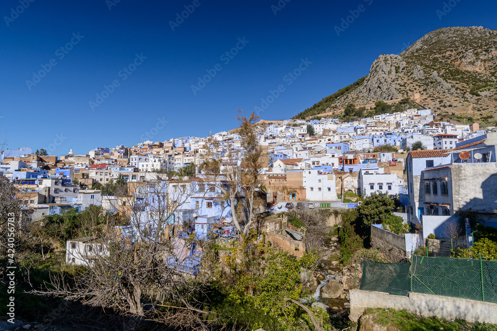 Chefchaouen, partial view of the blue city of Morocco on December 25, 2016.