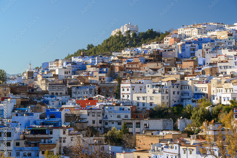 Chefchaouen, partial view of the blue city of Morocco on December 24, 2016.