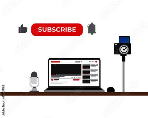 A vector of content creator with equipment subscribe, like and notification button