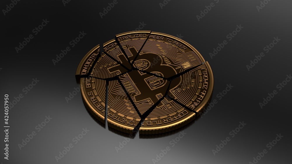 Gold bitcoin falling apart. A graph is crashing it. Concept of a cryptocurrency market crisis on a black background. Bitcoin crash concept. 3d rendering mock up Gold bitcoin falling apart. A graph is crashing it. Concept of a cryptocurrency market crisis on a black background. Bitcoin crash concept. 3d rendering mock up