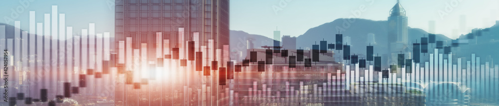 Website header and banner of Hong Kong cityscape with skyscarapers. Trading and stock markets