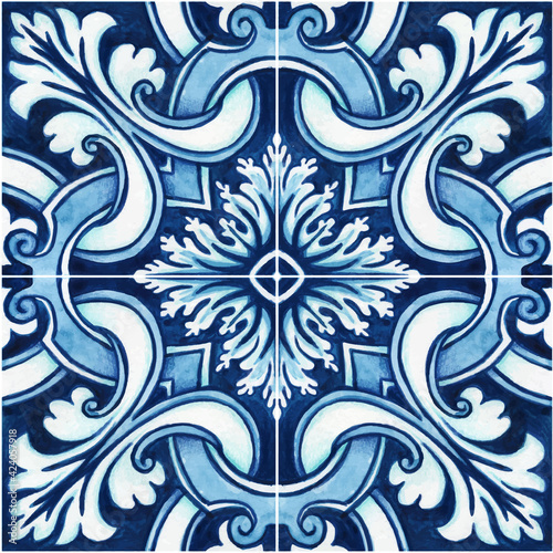 Hand drawn watercolor mediterranean sicilian traditional tiles
