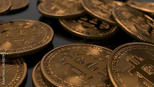 Bitcoins stacked on glossy black background. Crypto currency blockchain. For background and commercial use. Group of gold bitcoin lay down on floor depth of field. Virtual money concepts. 3d render