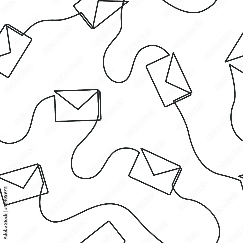 Continuous line drawing of envelope on white background. Seamless pattern. Vector illustration
