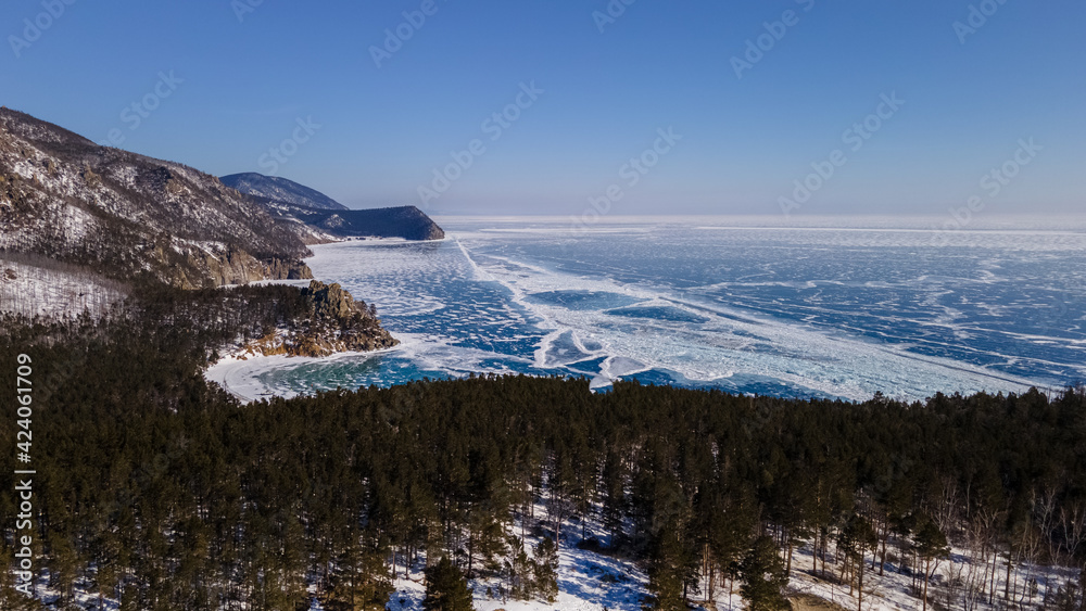 Baikal Lake Peschanaya Bay Landscape in Winter. Aerial View Baikal Lake Peschanaya Bay Landscape in Winter. Aerial View