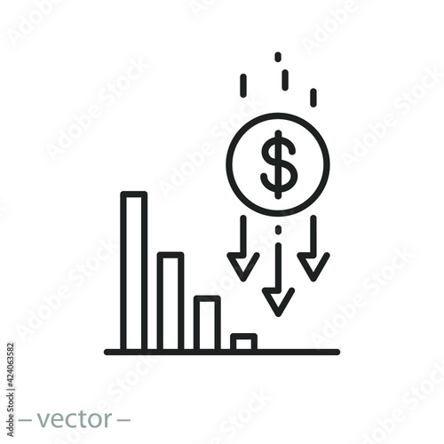 economy crisis icon, financial decrease, rate business fall, money failure, inflation or devaluation, investment loss, thin line web symbol on white background - editable stroke vector illustration  photo