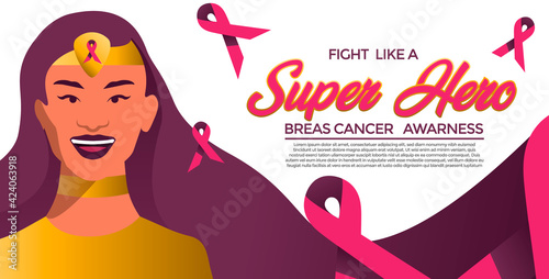 Woman with golden elements of a superhero. with text that says "superhero". concept fight against breast cancer.