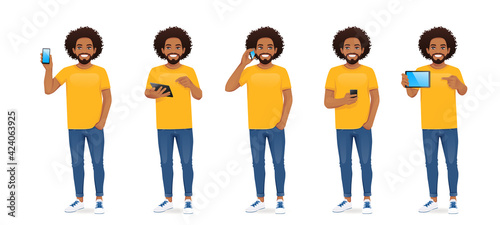 Young african man in casual outfit with gadgets phone and tablet set isolated vector illustration