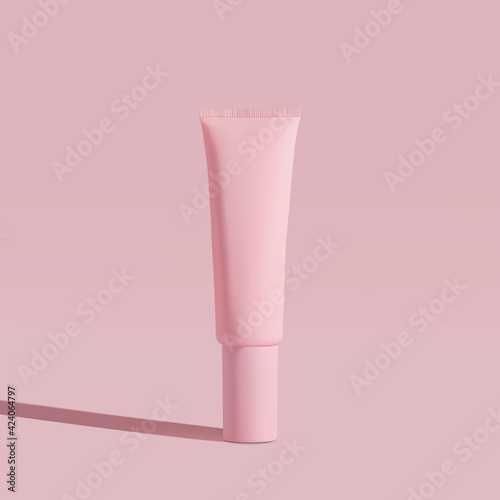 Cosmetic pink bottle. Womens cosmetic accessory for makeup, toning, fluid, lotion, serum. Packaging design, mock up, 3d illustration.