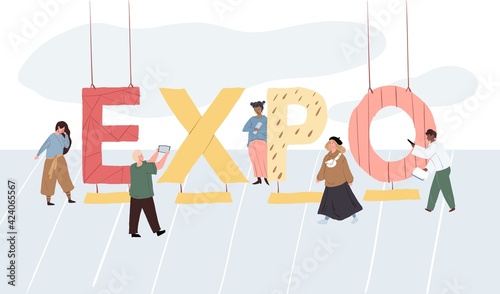 Vector cartoon flat characters at big text lettering 'expo'.Different people watch,exam huge word letters, abstract modern art illustration concept for web banner,site,flyer,invitation,advertising