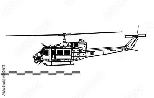 Bell UH-1N Iroquois. Twin Huey. Model 212. Vector drawing of utility helicopter. Side view. Image for illustration and infographics.