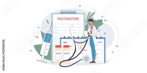 Vector cartoon flat doctor character at work prepare for anti virus vaccination-coronavirus infection disease prevention,covid vaccine protection method concept with medical devices symbols