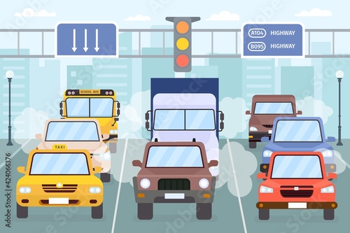 Traffic jam. Cars on city road with smoke, smog and exhaust gas. Vehicle, taxi, truck and bus on urban highway. Air pollution vector concept