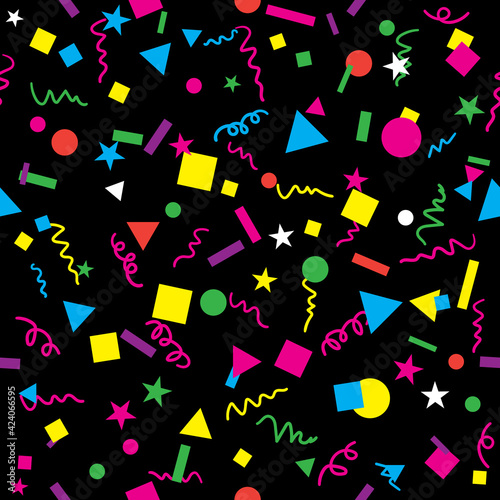 Fun Confetti Design with Bright Bold Colors on Black Background Seamless Repeating Pattern Vector