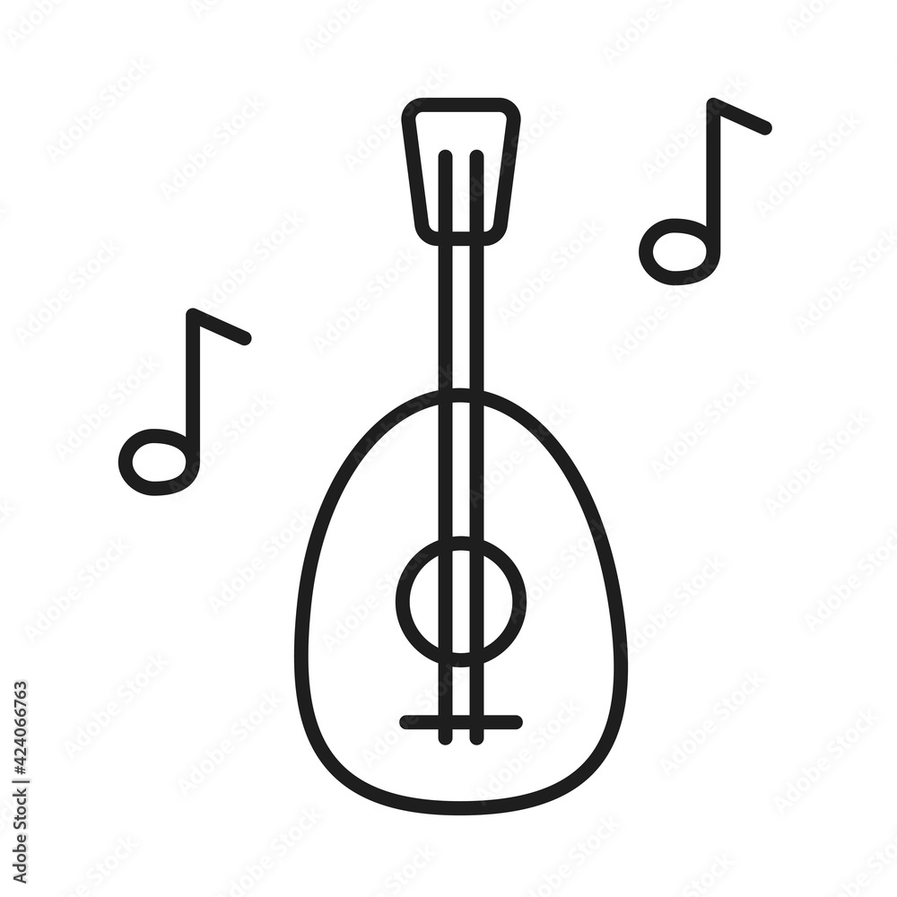 Isolated vector dark grey icon guitar with notes on the white background. Line art pictogram for game, design and illustrations Isolated vector dark grey icon guitar with notes on the white background. Line art pictogram for game, design and illustrations