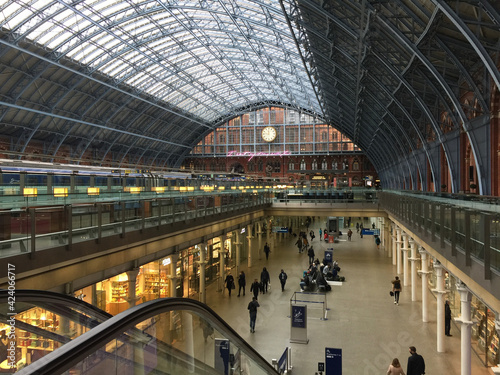Interior of St Pancras International - a central London railway terminus on Euston Road in the London Borough of Camden. The Eurostar train platform can be seen at left. photo