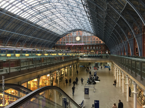 Interior of St Pancras International - a central London railway terminus on Euston Road in the London Borough of Camden. The Eurostar train platform can be seen at left.
