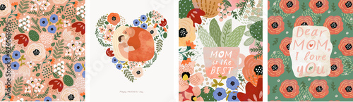 Mothers Day. Vector watercolor illustrations of mom, baby, flowers, hearts, pattern and text. Drawings for postcard, poster or background
