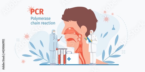 Vector cartoon flat doctor characters at work,physicians with medical devices in uniform study viral infection doing PCR test-covid coronavirus disease treatment diagnostics therapy medical concept