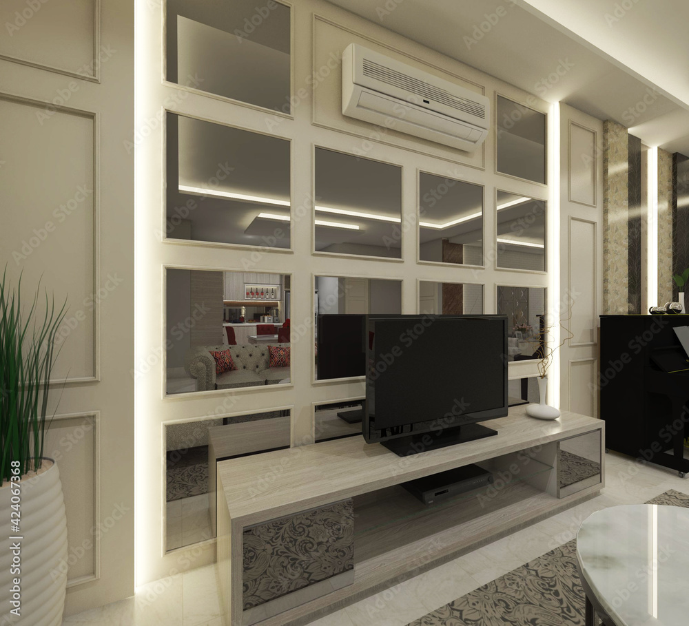 Fototapeta premium Modern Tv cabinet design with drawer table and back wall panel ornaments. Using mirror and lighting decoration. Suitable for interior living room. 