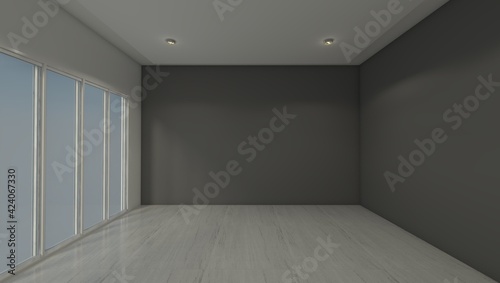 empty room with window and dark gray wall background. Template room for interior furniture design. 