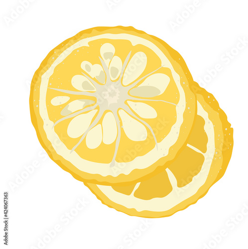 Vector stock illustration of a citron. Yellow sour citron fruit ripe cut into pieces with mint leaves. Lemon, lime, Mandarin, orange, citrus fruit and watercolor greens. Isolated on white background.