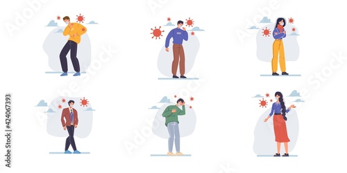Vector cartoon flat characters shows coronavirus signs symptoms covid prevention protection measures vs pandemic viral infection disease treatment diagnostics therapy medical concept