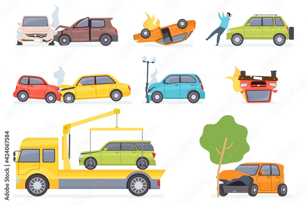 Fototapeta premium Cars accident. Insurance transportation on tow truck, auto collision with tree or street light, hitting pedestrian. Vehicle crash vector set