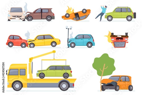 Cars accident. Insurance transportation on tow truck, auto collision with tree or street light, hitting pedestrian. Vehicle crash vector set