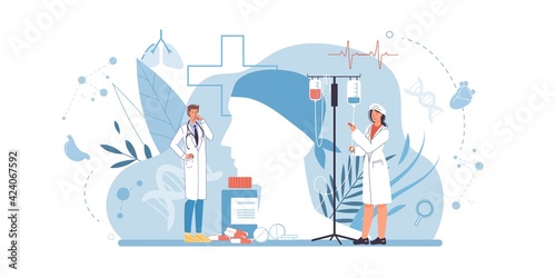 Cartoon flat doctor characters at work in uniform lab coats,physicians with dropper,pills,medical symbols - disease prevention,diagnostics,medical treatment and therapy concept
