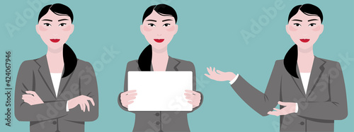 A set of attractive females, Asian women, Japanese women, businesswomen in a strict suit in office style. Vector illustration.