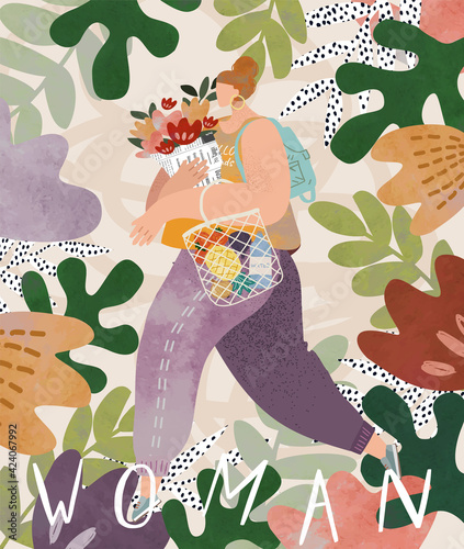 Body positive. Vector watercolor illustration of a beautiful fashionable fat woman with a bouquet of flowers. Drawing for postcard, poster, cover or background