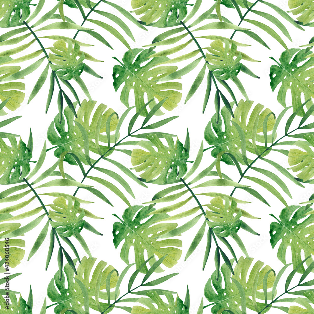 Watercolor seamless pattern monstera leaf. Hand painted tropical flowers. Tropical summer nature background.