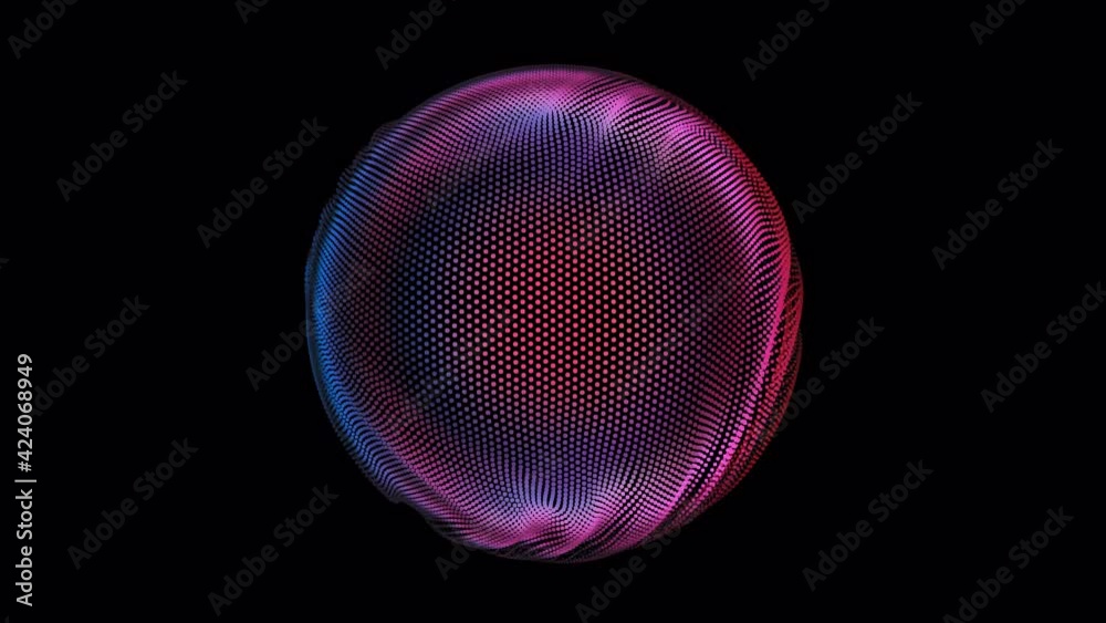 Distortion waves on abstract sphere of particles loop. Digital data splash of spherical point array. Round waveform UI element. Futuristic glitch