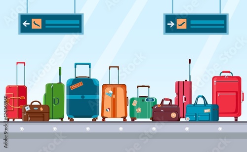 Airport conveyor belt with luggage. Carousel system with travel suitcases and bags with stickers. Cartoon baggage claim area vector concept