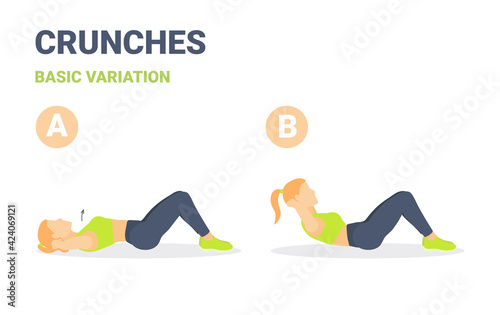 Crunch Female Home Workout Exercise Guide. Colorful Concept of Girl Working at Home on Her Abs.